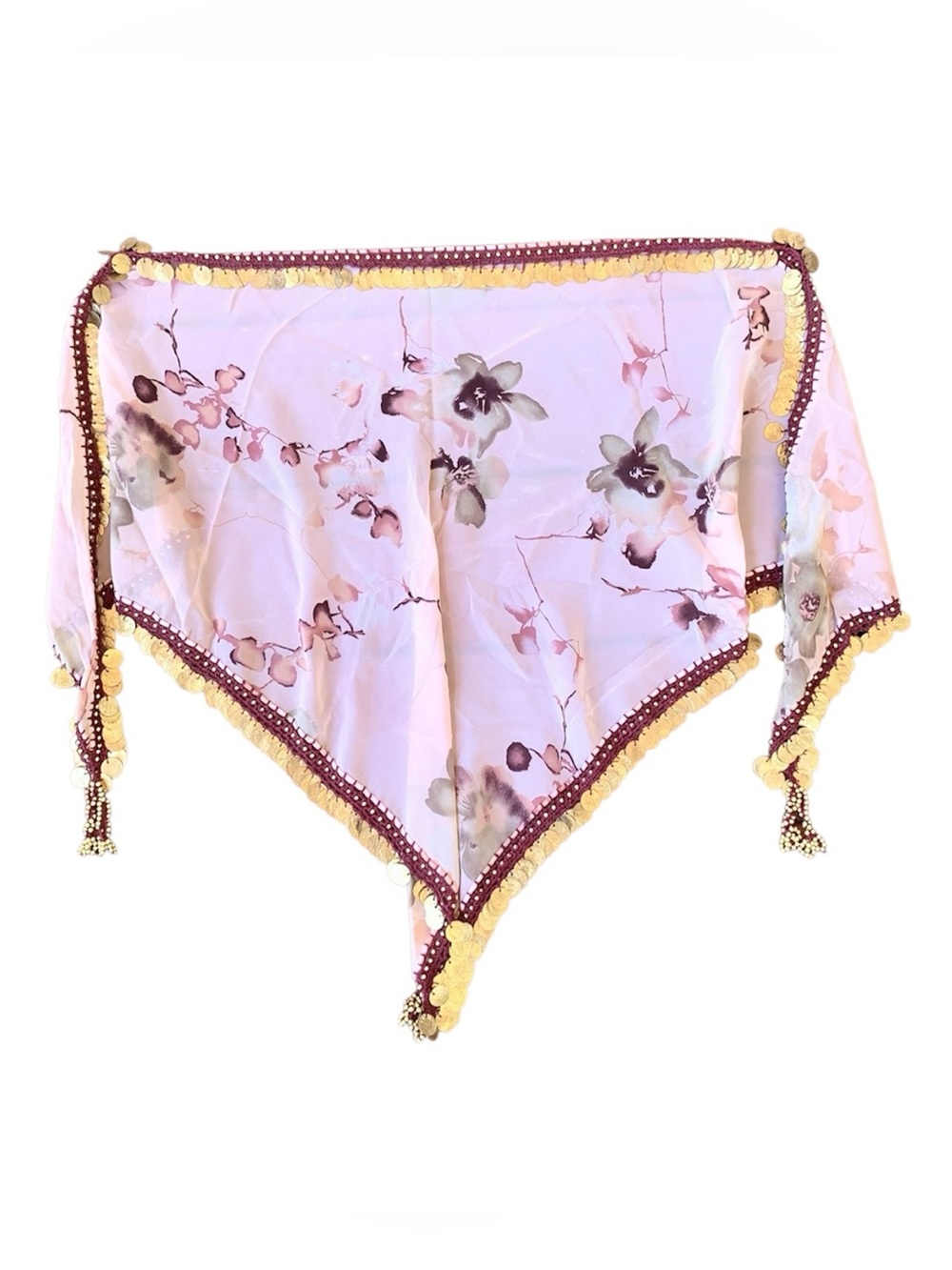 Vintage Floral Pink/White Hip Scarf Gold Coin Accent Belly Dance Accessory